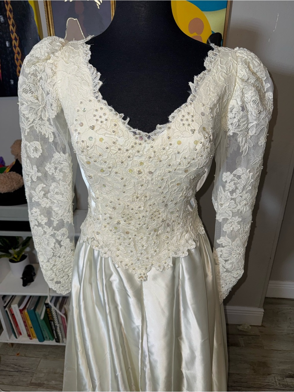 Vintage Lace Beaded Ivory Long Sleeve Wedding Gown - Picture 2 of 7